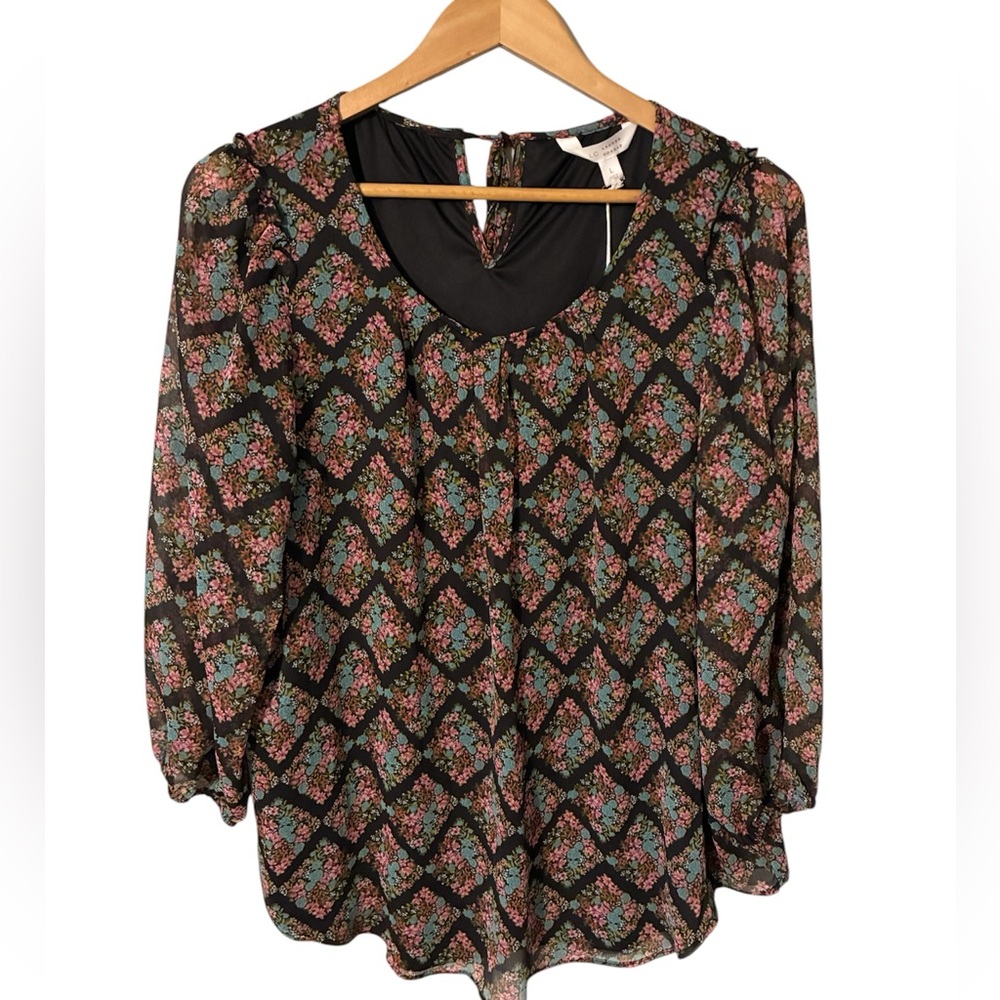 LC Lauren Conrad Black Floral Scoop Neck Long Sleeve Blouse